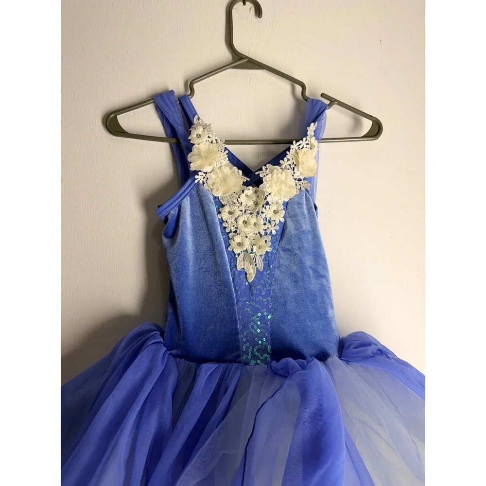 Weissman Blue Velvet Floral Lace Tutu Dance Costume Leotard Kids MC Performance